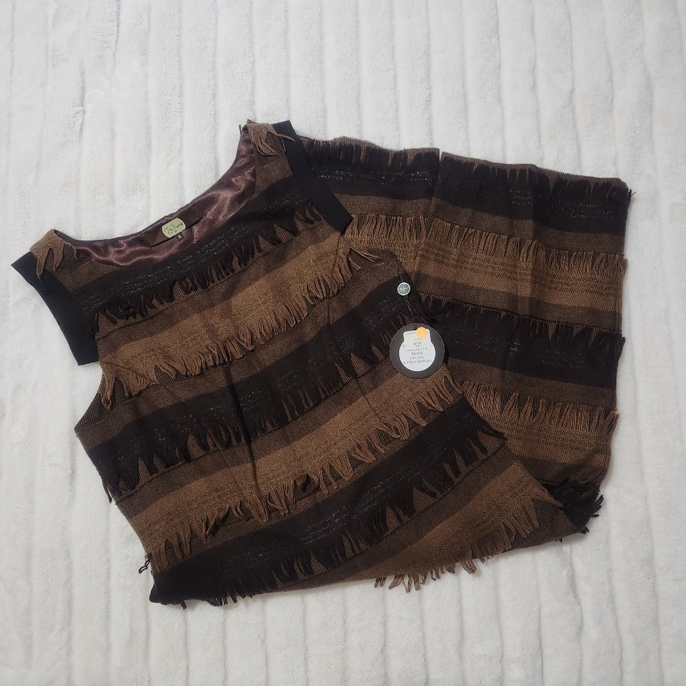 Eva Franco Brown Dress Size 8 Sleeveless Sheath Fringe Lined Avant Garde Boho